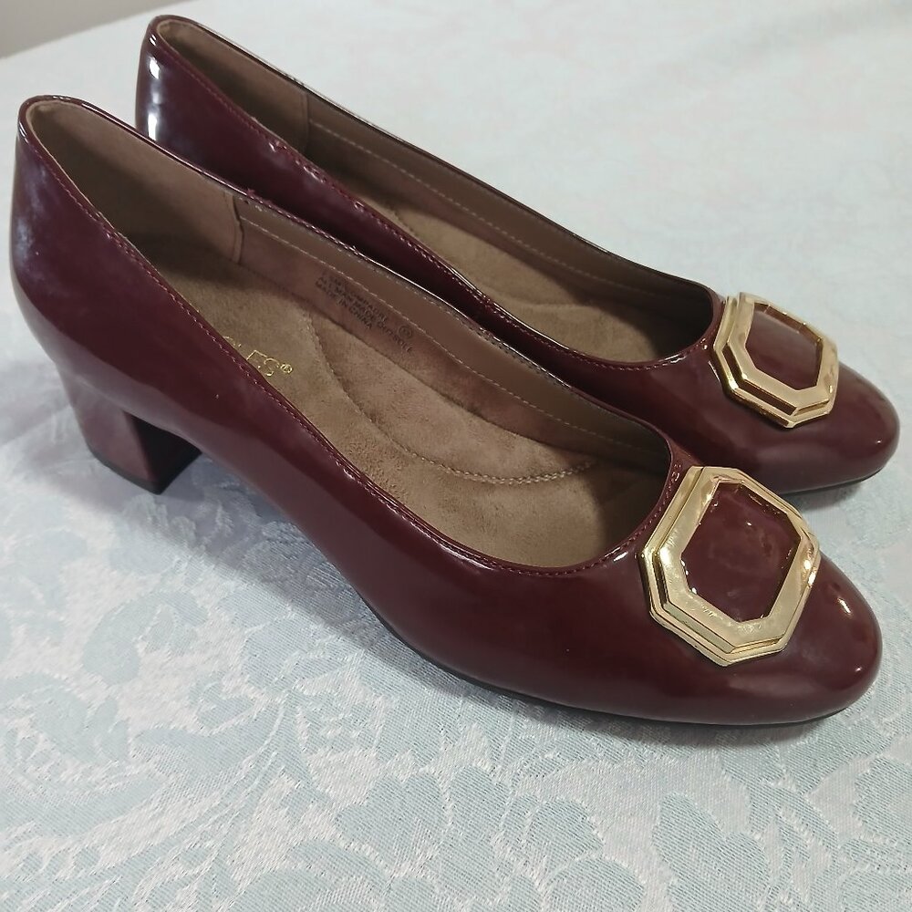 Classic Burgundy Patent Low Heel Pumps with Gold Accent